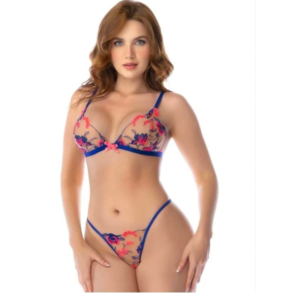 MAPALE Hyacinth Reverie Floral Embroidered Lingerie Bra Thong Set S/M 80010